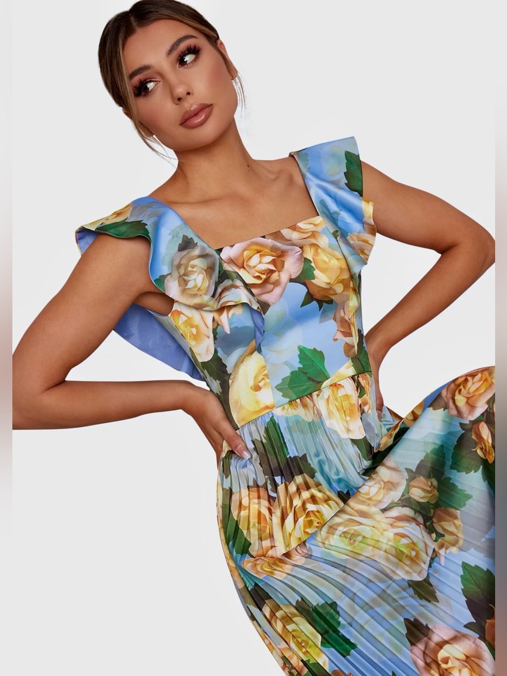 Chi Chi London Blue Floral Pleated Midi Dress with Square Neck, Size US 8; UK 12 - Picture 4 of 14